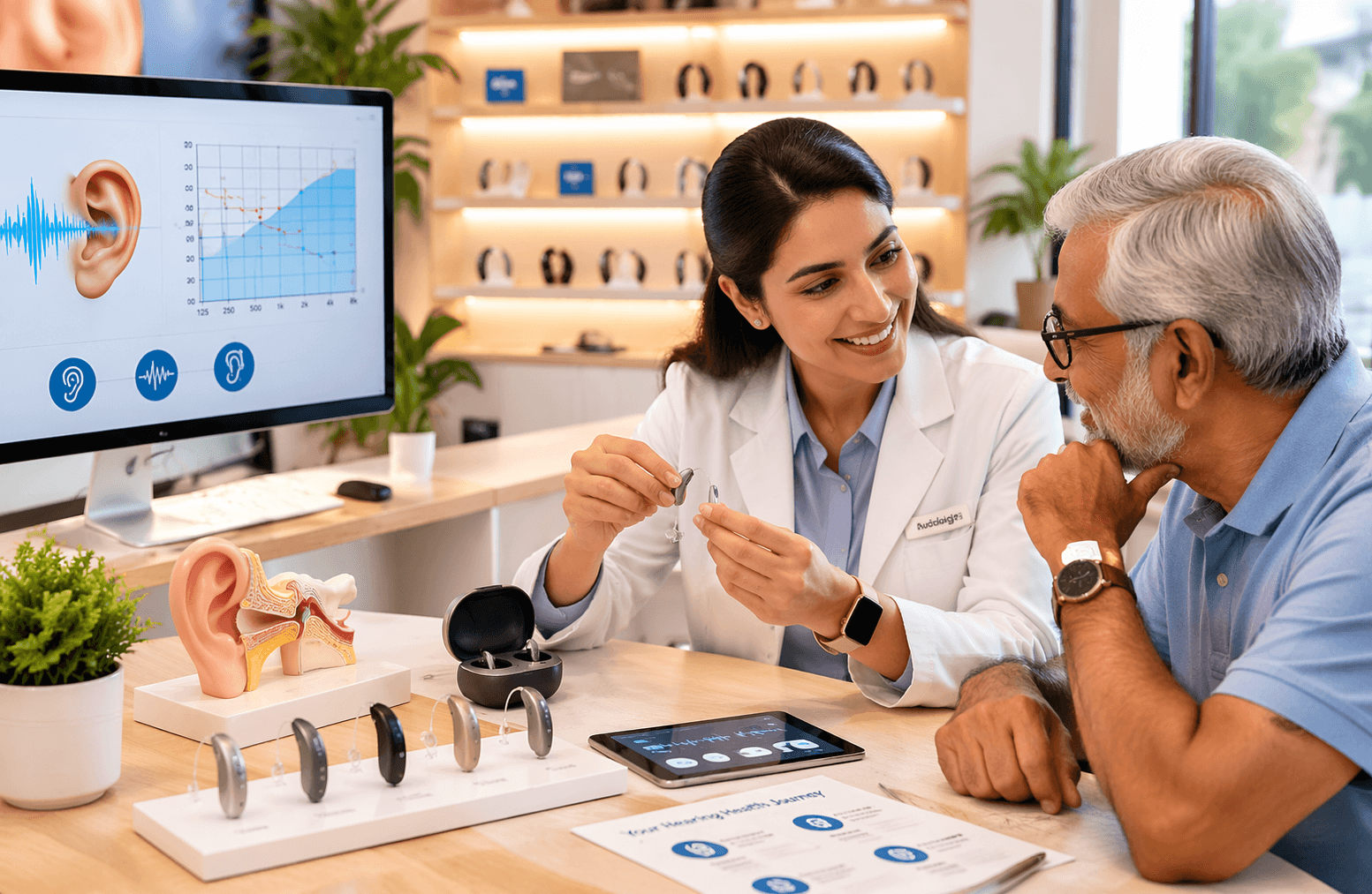 Audiologist discussing hearing care with a patient in a modern clinic