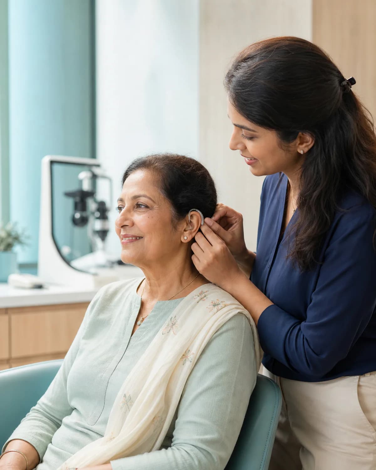 Illustrative image of an audiologist helping an adult woman with a hearing aid