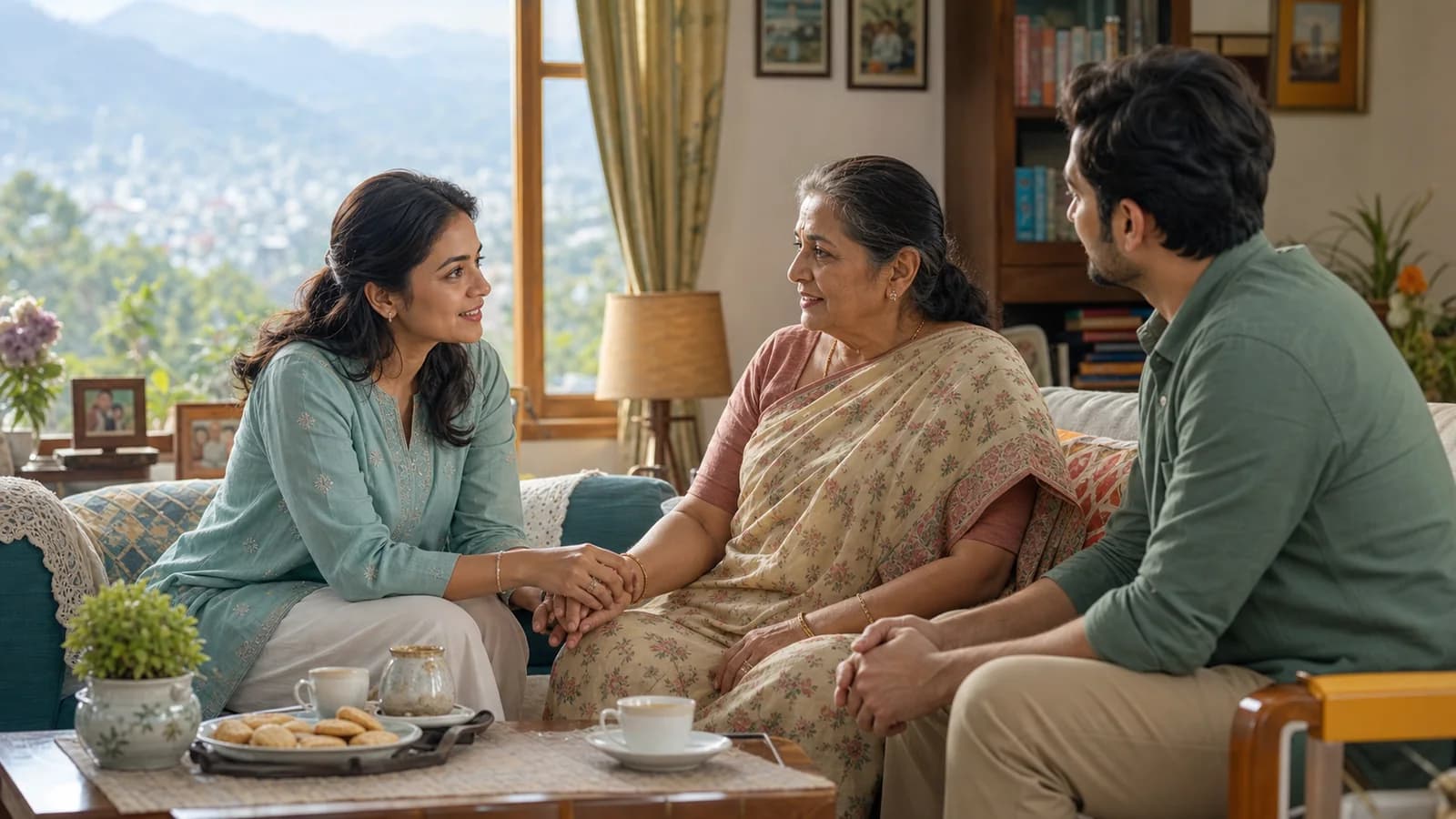 An Indian family having a supportive conversation about hearing at home