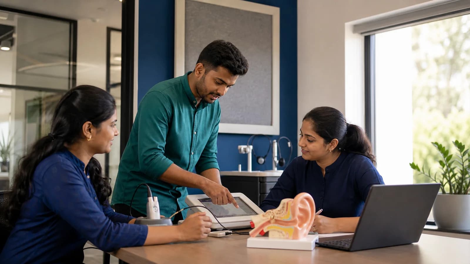 Indian hearing-care professionals collaborating around audiology equipment