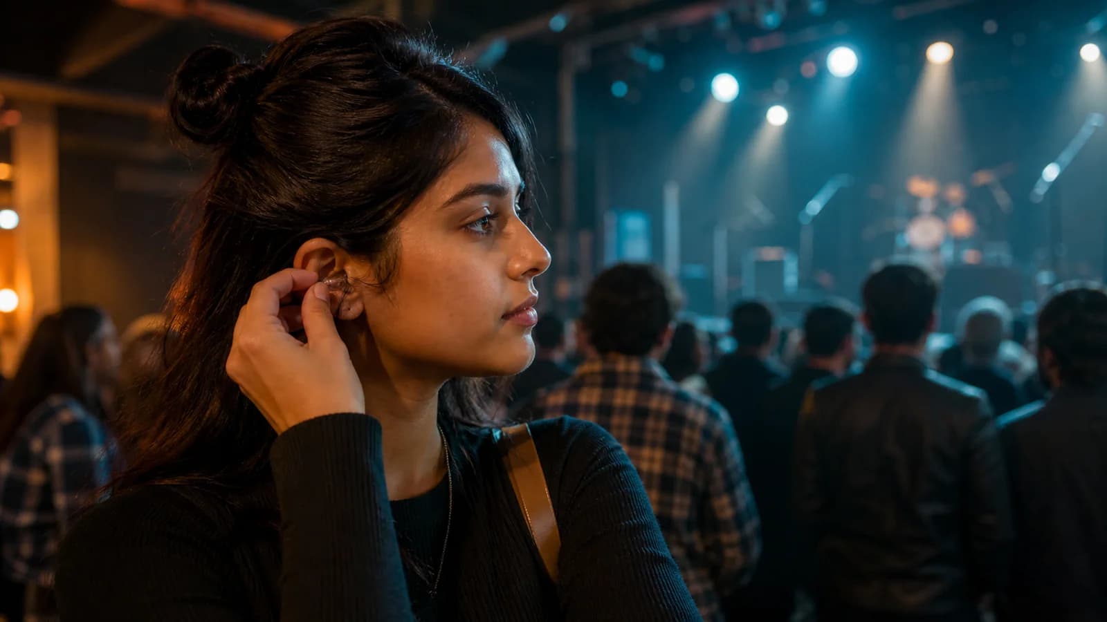 A young Indian woman fitting hearing protection before a live music event