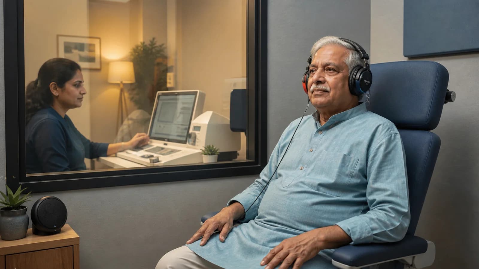 An older Indian man completing a hearing assessment with an audiology professional