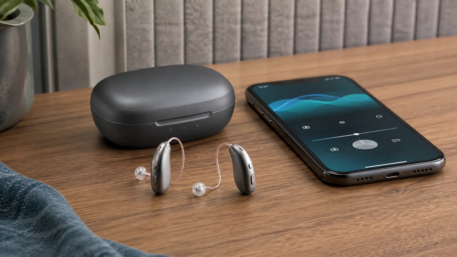 Modern rechargeable hearing aids beside a charging case and accessible phone controls
