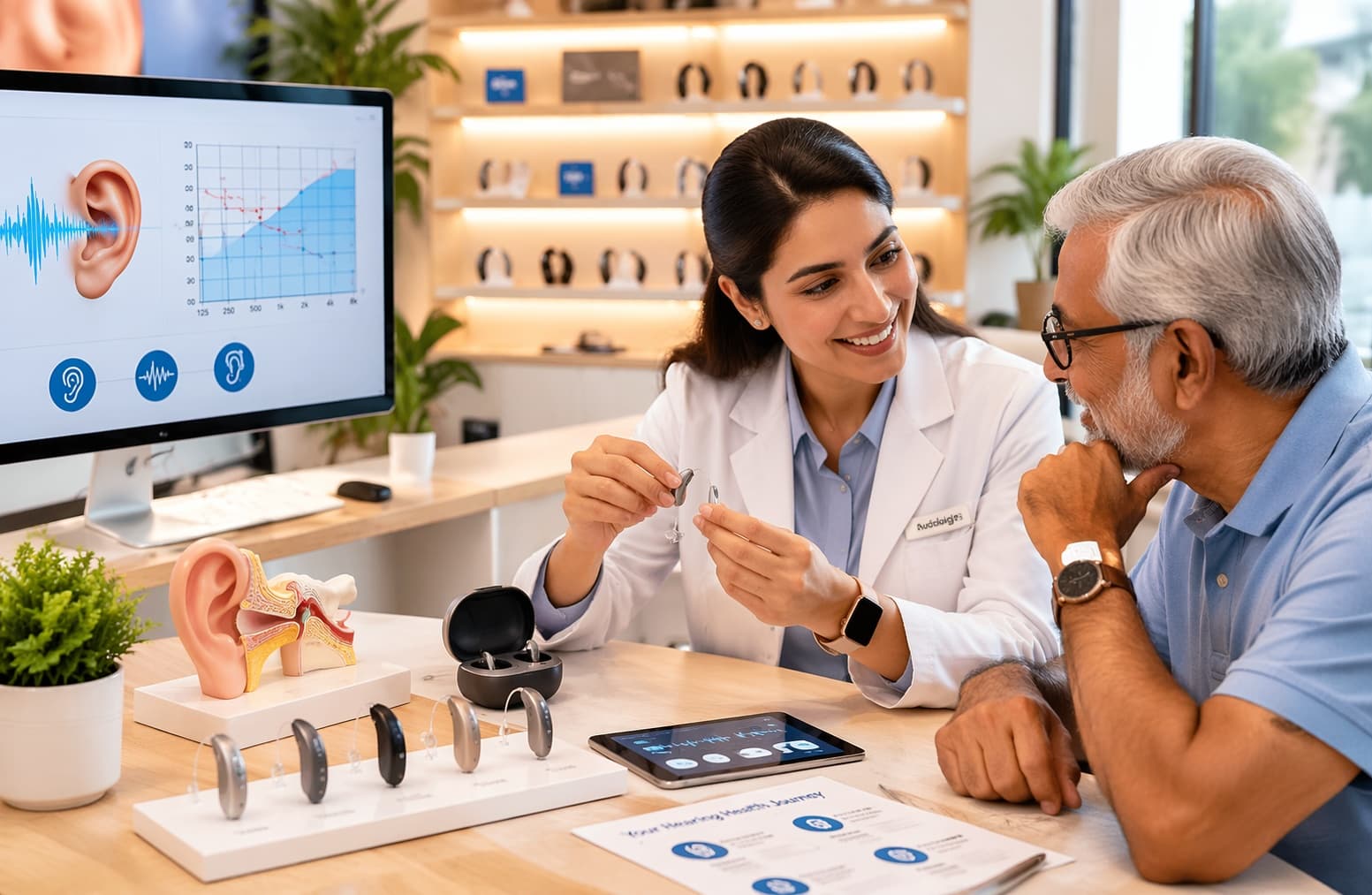 Modern hearing aid being held during a fitting discussion