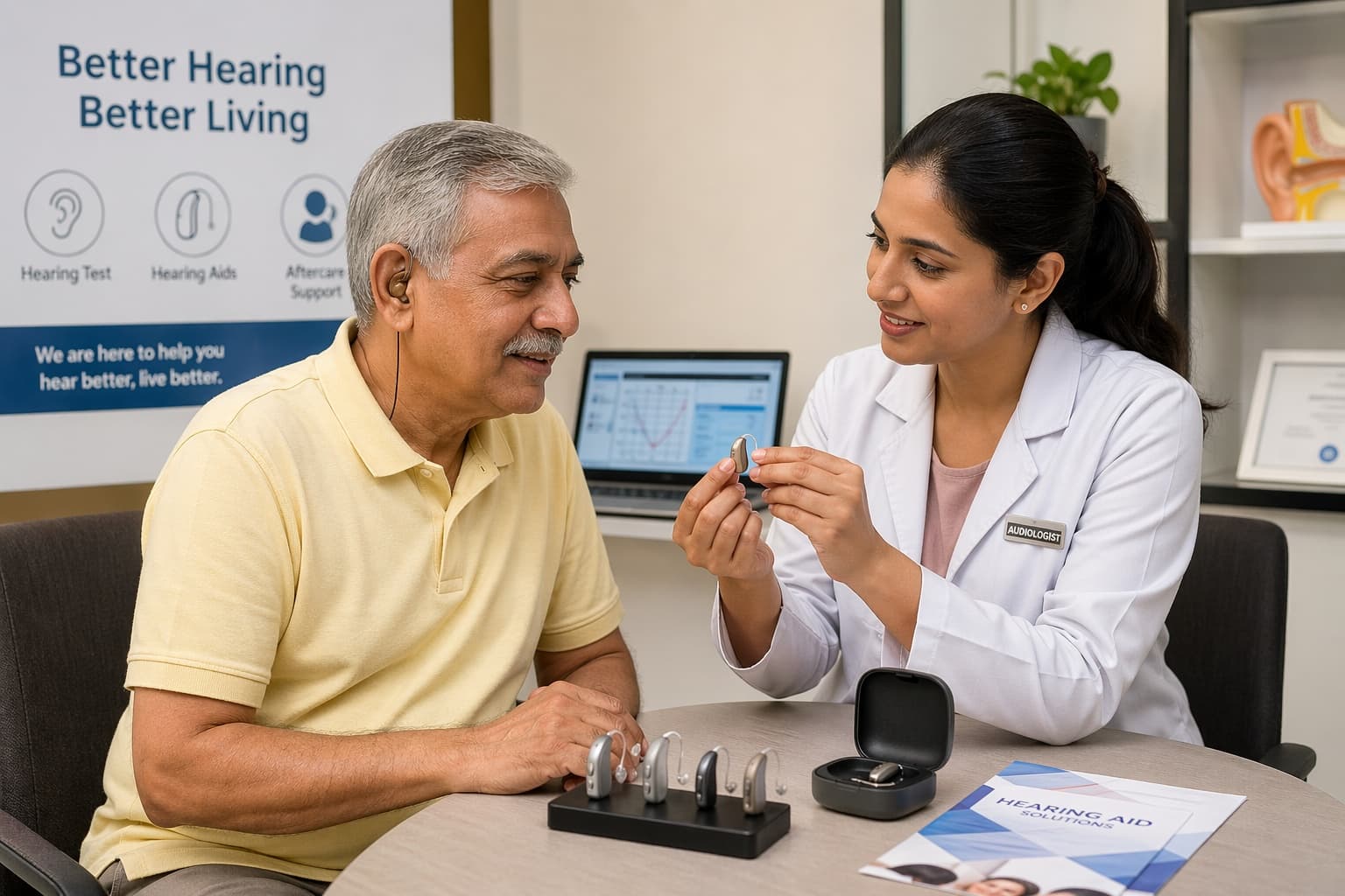 Patient trying hearing aids with an audiologist